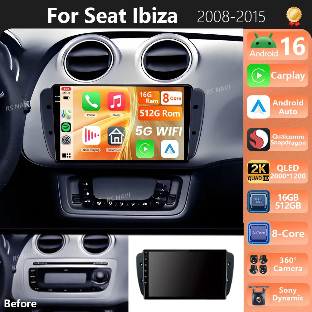 Plug and Play Android 16 For SEAT Ibiza 6J IV 4 2008 - 2015 2K QLED Stereo Car Radio Multi