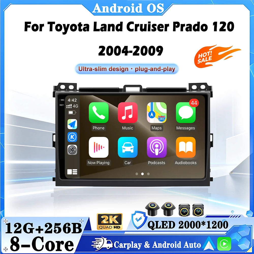 RDS QLED Screen For Toyota Land Cruiser Prado 120 2004-2009 Car Radio Wireless BLuetooth C
