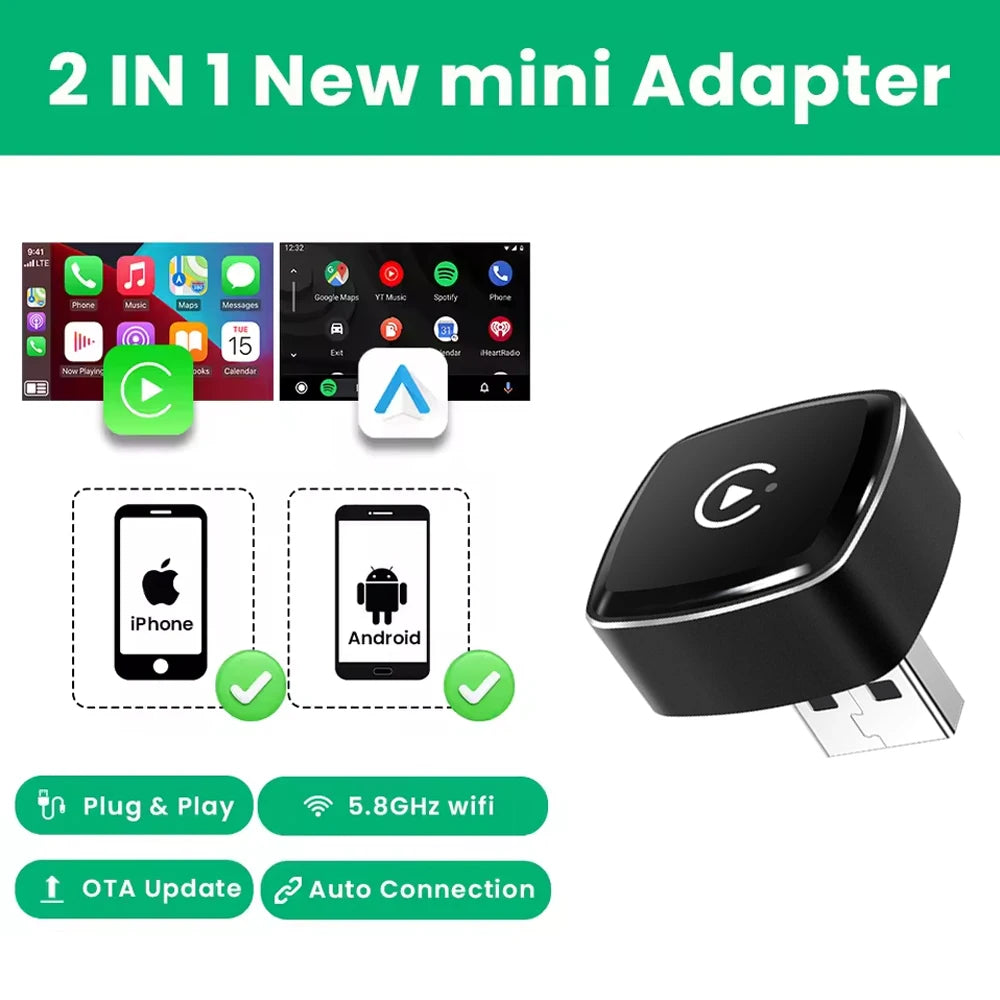 Ultra Mini 2in1 Wireless CarPlay Adapter Wireless Android Auto AI Smart Box Intelligent Sy