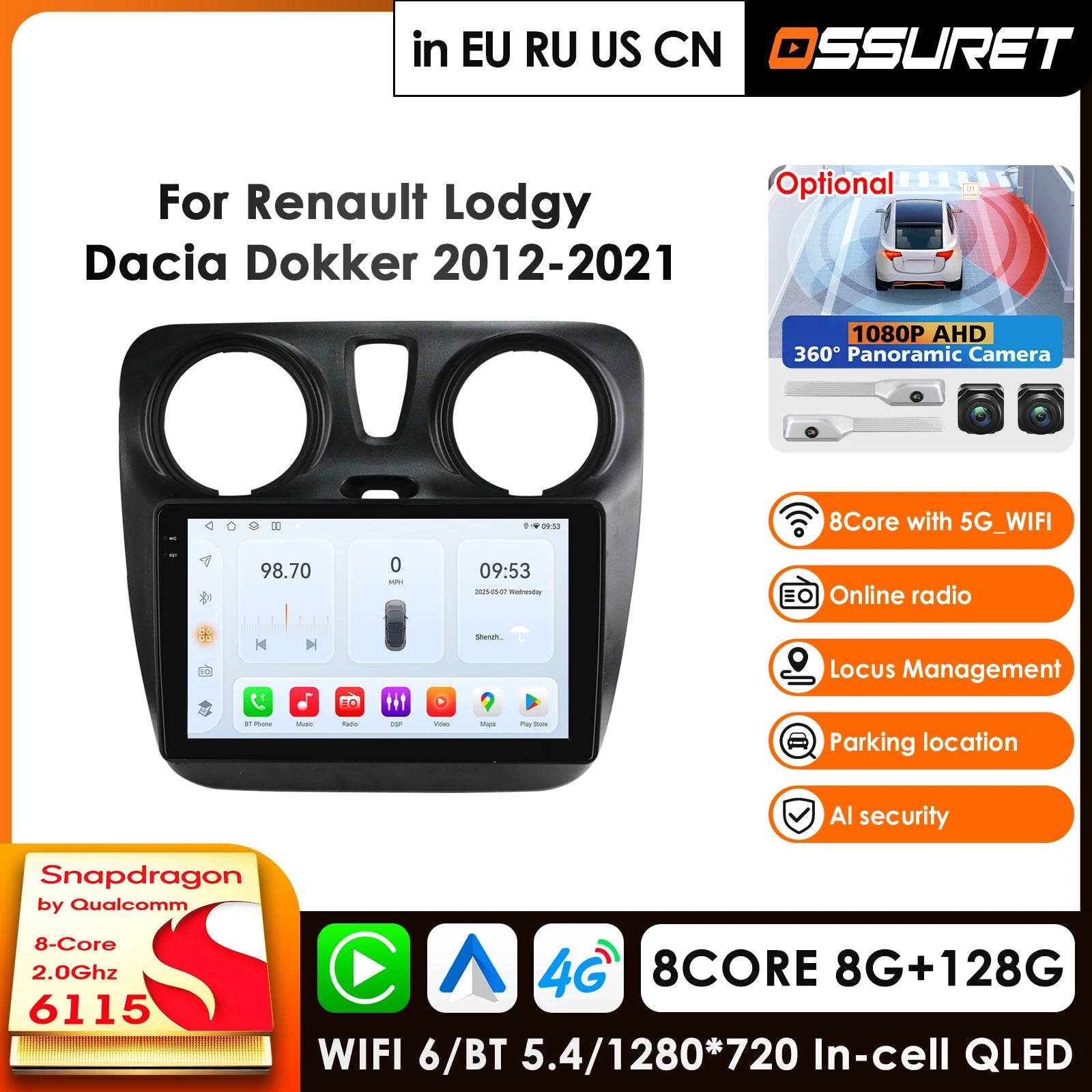 12.3" Car Radio GPS Android 14 for Renault Dokker/Lodgy Dacia 2012-2021 - 4G AI Systems Qualcomm 8Core 360° Panoramic Ca