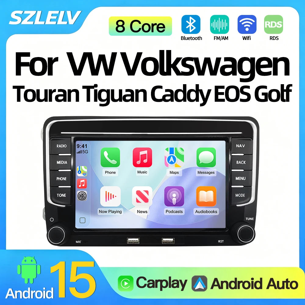 SZLELV Android 15 Car Radio Carplay For VW Volkswagen Touran Tiguan Caddy EOS Golf Player