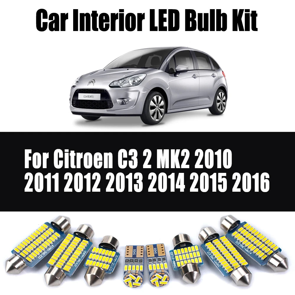 11-Piece LED Interior Light Kit for Citroen C3 2 MK2 2010- 2015 - Canbus Dome Map Door Trunk Bulbs | AUTOKITSHOP