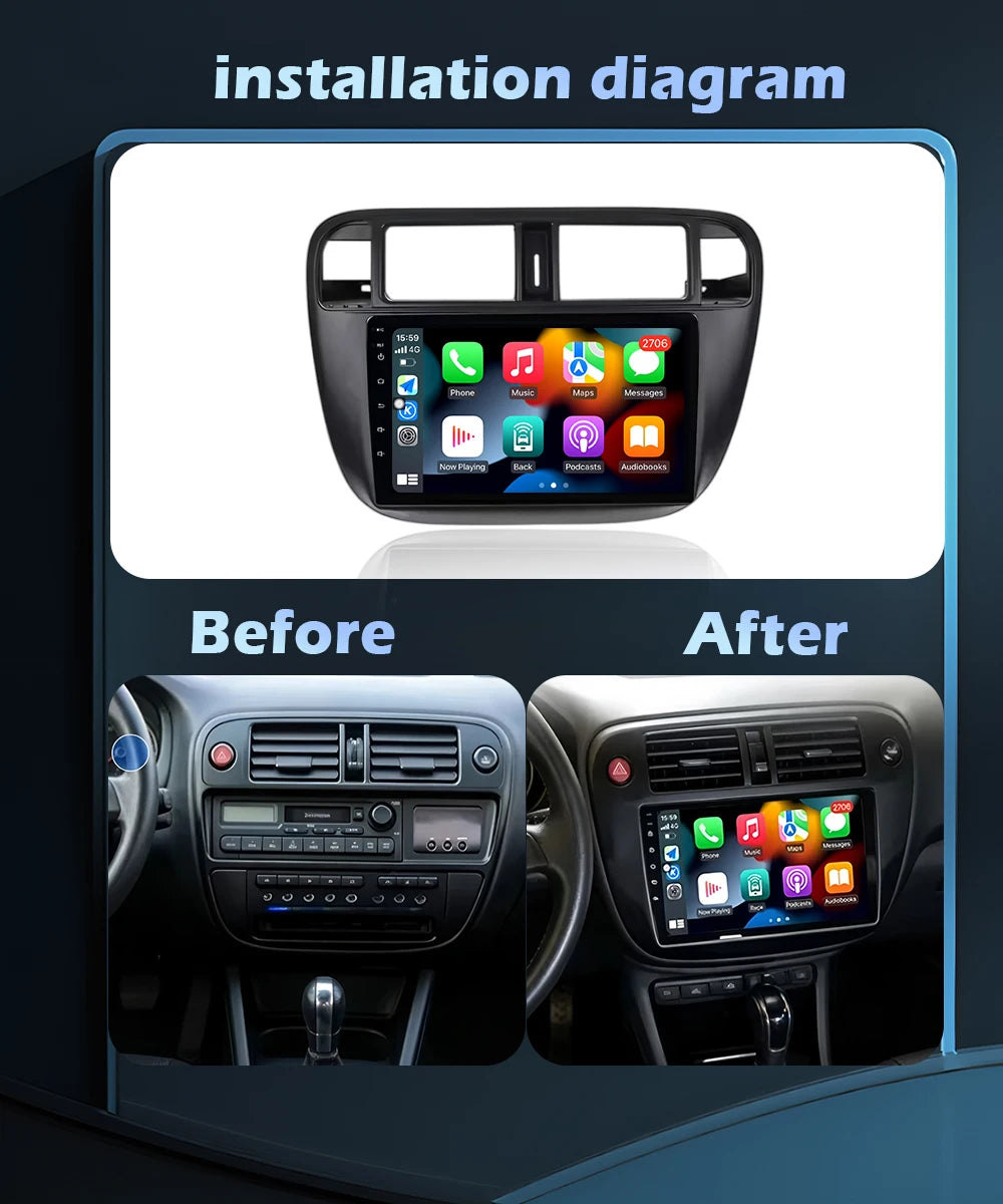 Android 16 Wireless CarPlay For Honda Civic (EJ/EK/EM) 1995 - 2001 Car Radio Multimedia Vi