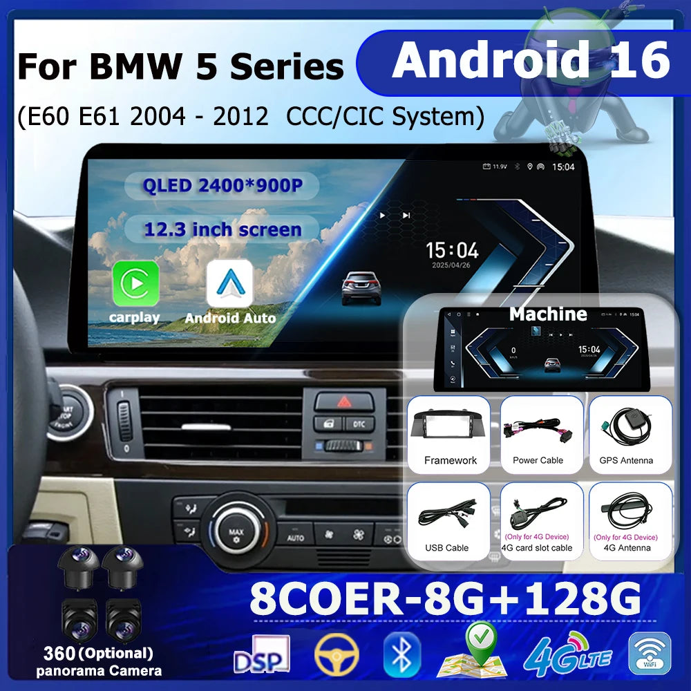 Car Video Multimedia Player 12.3 '' Ultra-thin Screen Android 16 BT for BMW 5 Series E60 E