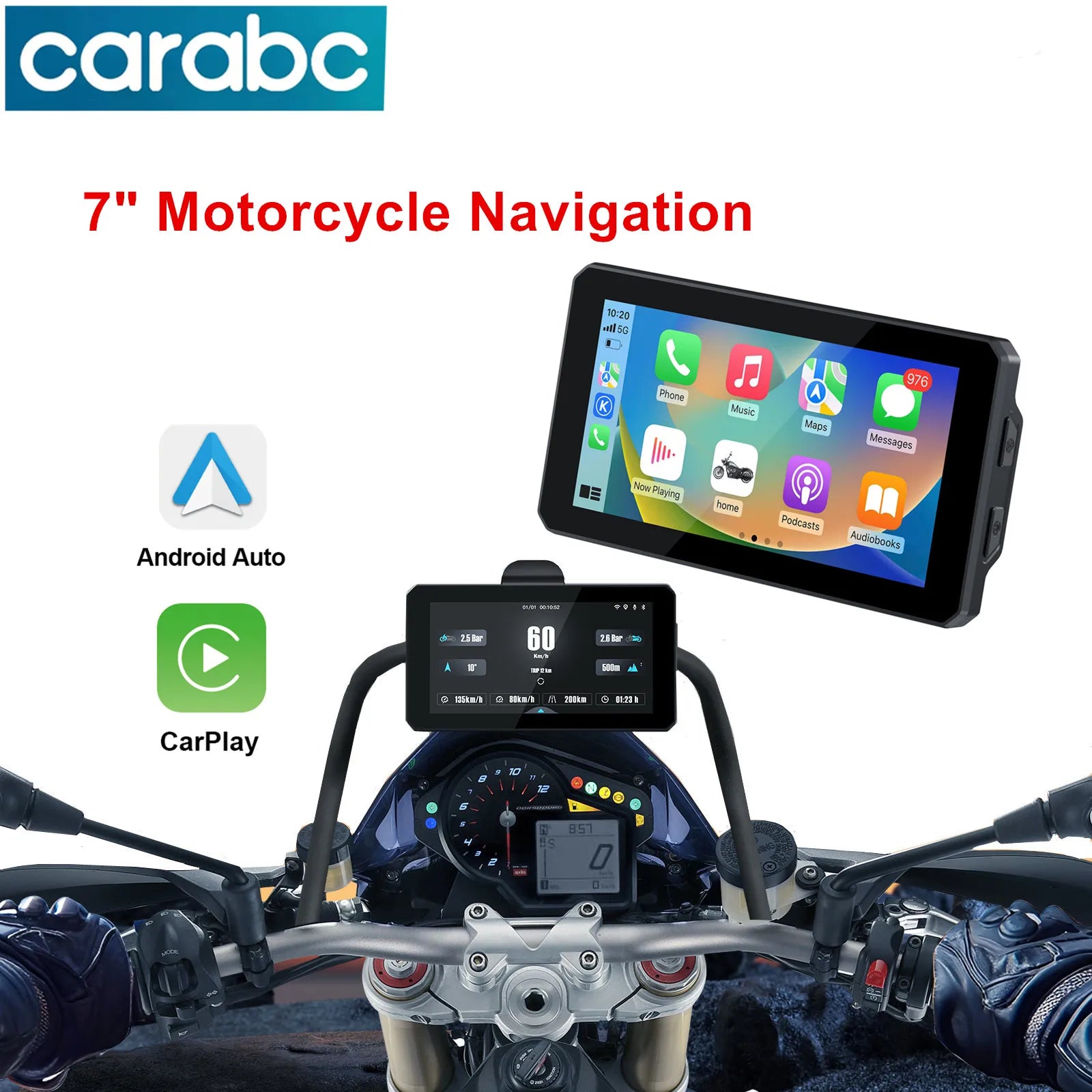 CARABC 7 inch Portable Wireless Carplay Android Auto Motorcycle GPS Navigation IP68 Waterp