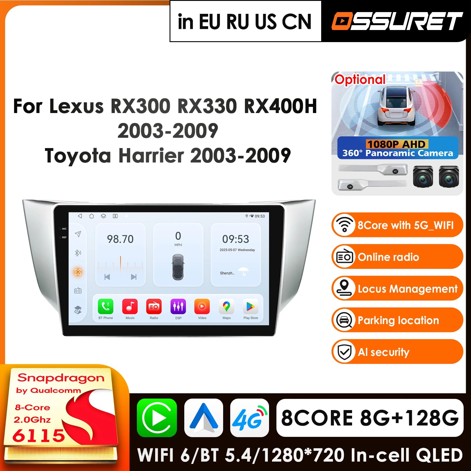 12.3" Android 14 Car Radio GPS for Lexus RX300 RX330 RX400H Toyota Harrier 2003-2009 - Carplay Head Unit Multimedia Auto