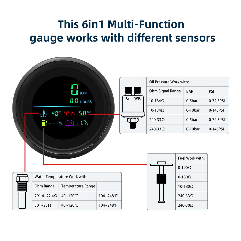Universal 85MM 6 In 1 Gauge Multi-Function Tachometer Tach Fuel Gauge Water Temp Oil Pressure Vo - Automotive LED Light