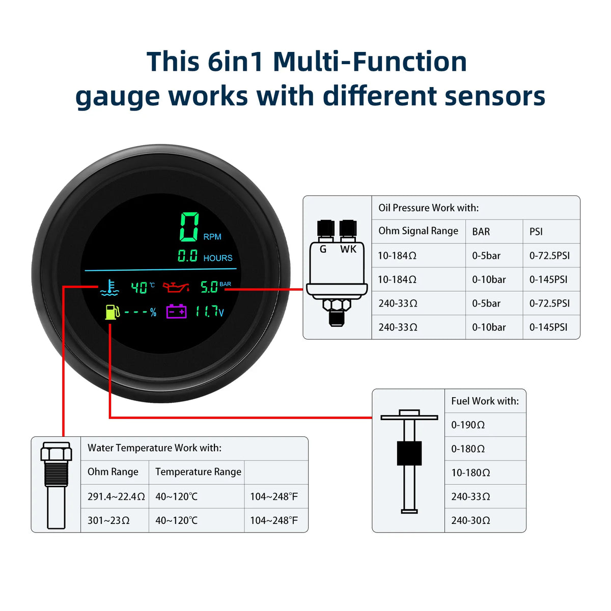 Universal 85MM 6 In 1 Gauge Multi-Function Tachometer Tach Fuel Gauge Water Temp Oil Pressure Vo - Automotive LED Light