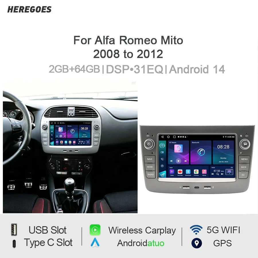 7" Android Car Radio GPS for Alfa Romeo Mito 2008-2012 - CarPlay, Android Auto, Bluetooth, Steering Wheel Control