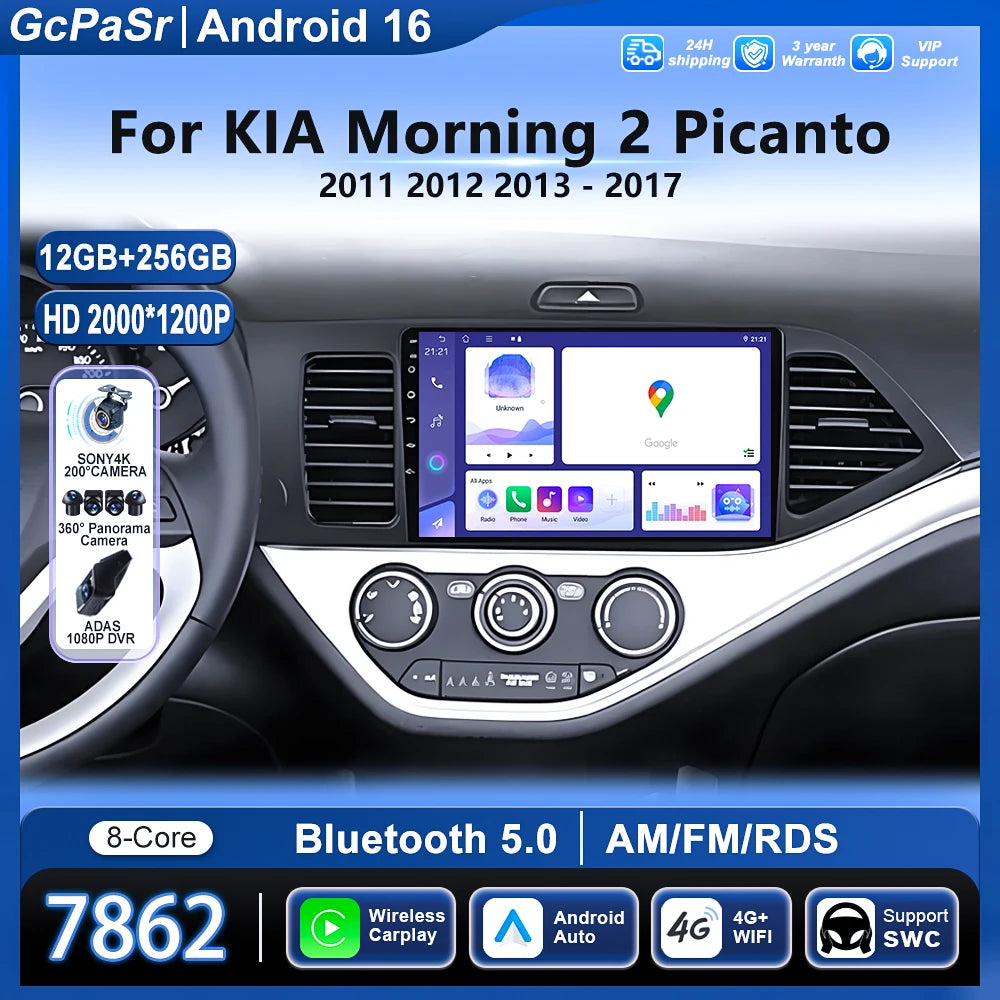 Android 15 Carplay 5G WIFI For KIA Morning 2 Picanto 2011 - 2017 Car Auto Radio Navigation