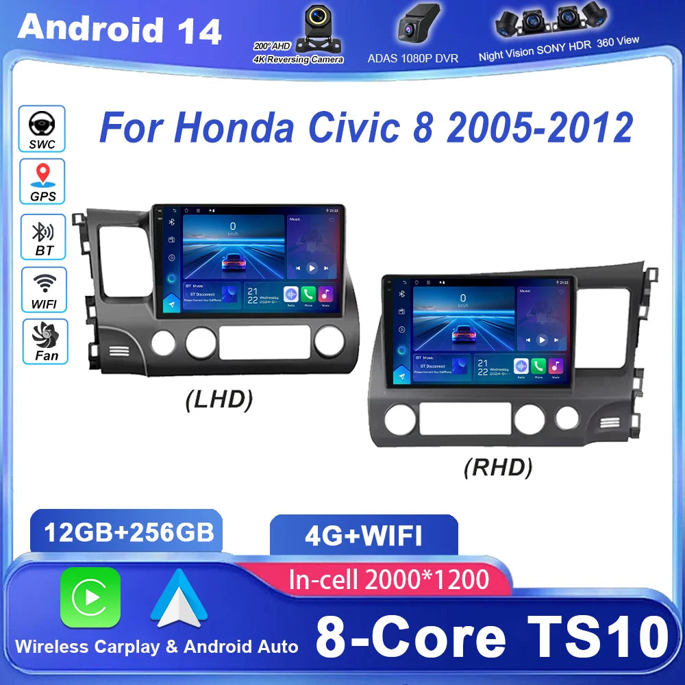 Car Android 15 Carplay For Honda Civic 8 2005-2012 LHD RHD Auto Radio Stereo GPS Navigatio