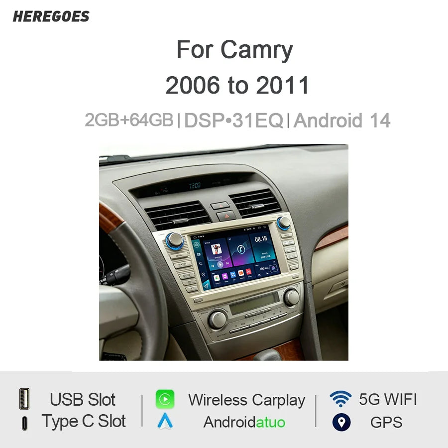 7" Android Car Radio GPS for Camry 2006-2011 - Wireless CarPlay Android Auto Bluetooth Steering Control