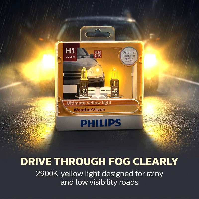 Philips WeatherVision H1 P14.5s 2900K Yellow Light Car Halogen Headlight Genuine Auto Bulb