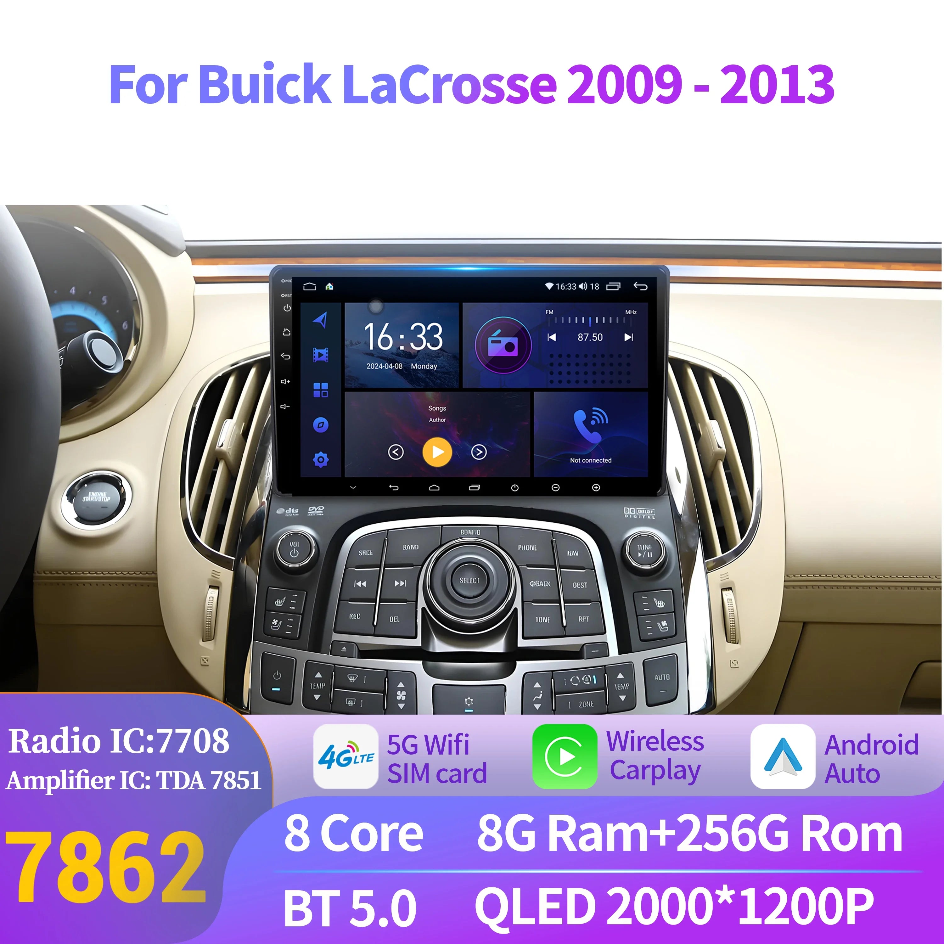 Car Radio Android 14 For Buick LaCrosse 2009-2013 Automotive Multimedia Bluetooth Navigati