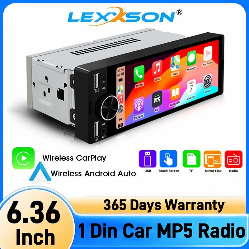1DIN Universal MP5 6.36-Inch Car Radio Support Wireless Carplay Android AUTO AUX USB SWC B | AUTOKITSHOP