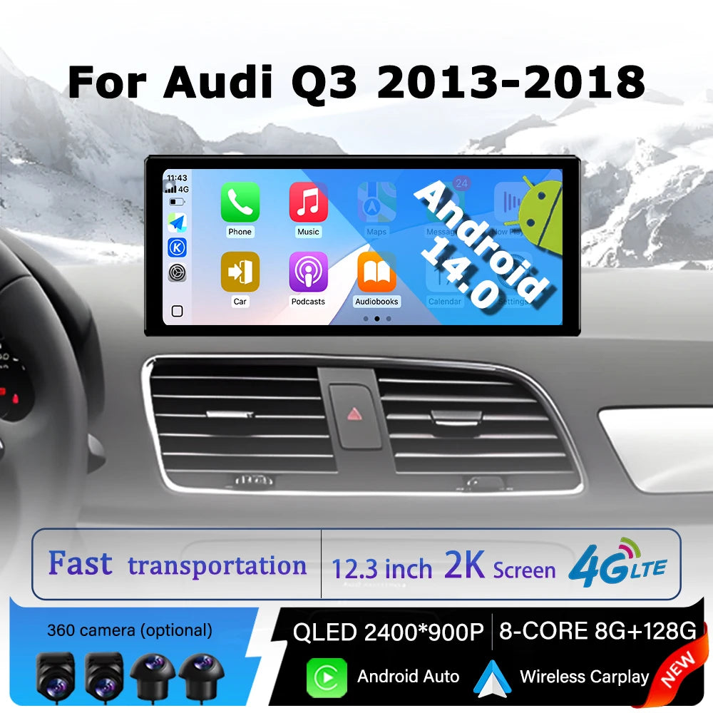 for Audi Q3 2013 - 2018 Android 14 Car Radio Intelligent Multimedia Video Player Wireless
