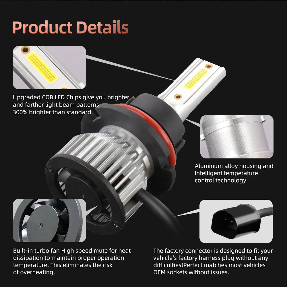 9007 Car LED Headlight Bulbs High Low Beam Canbus No Error 6000K White Turbo Headlamp LED