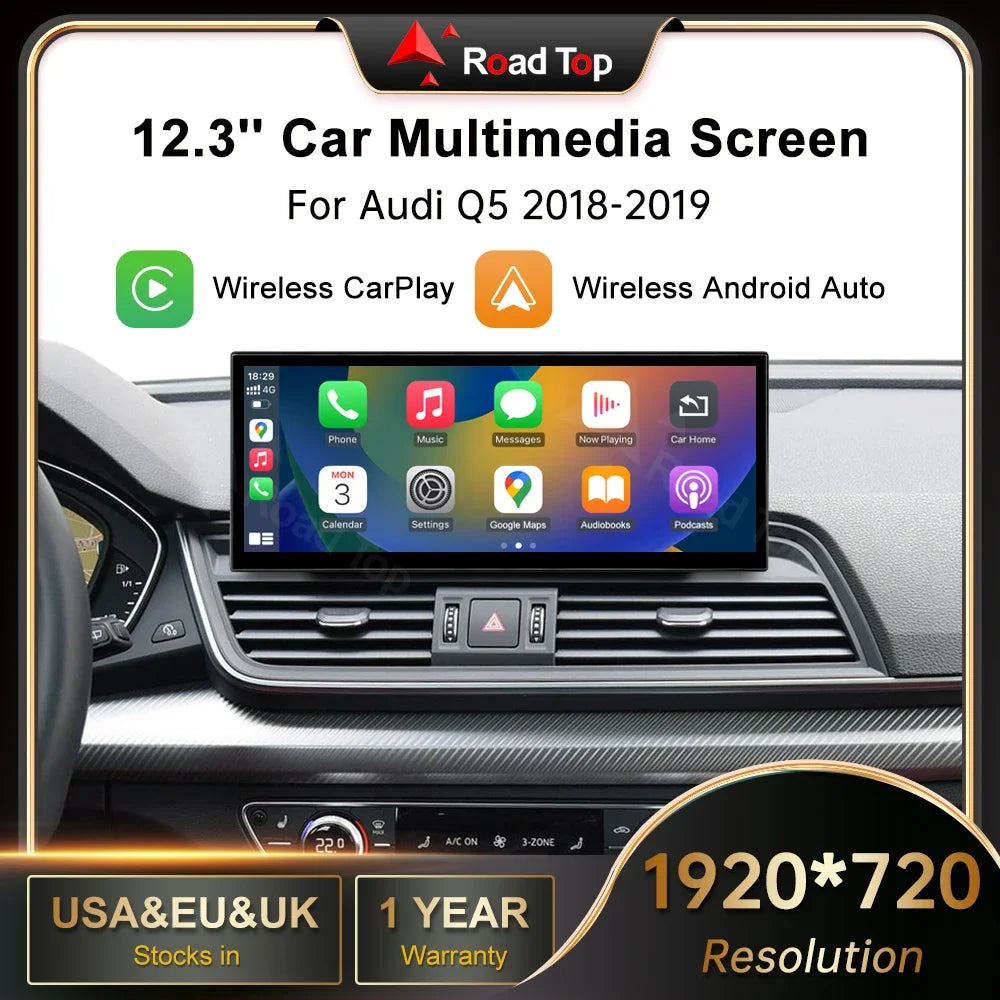Wireless CarPlay RoadTop 12.3 inch For Audi Q5 2018-2019 MIB2 Multimedia Display Android A