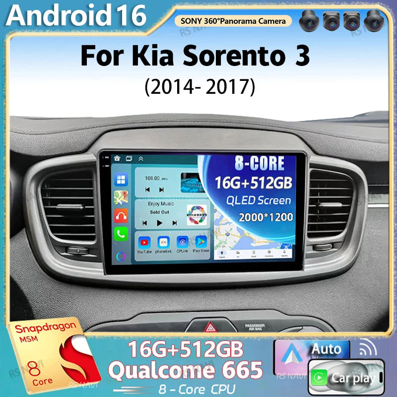 Android 16 For Kia Sorento 3 2014 - 2017 LHD 2K QLED Android Car Radio Multimedia Video Pl