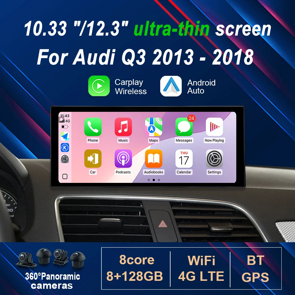 Android 14 Car Radio Video Multimedia Player 10.33 "/12.3" for Audi Q3 2013 - 2018 Wireles
