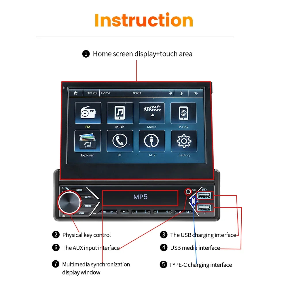 Universal 1 Din Car Radio 7 Inch Manual / Automatic Retractable Touch Screen FM Stereo Mir | AUTOKITSHOP
