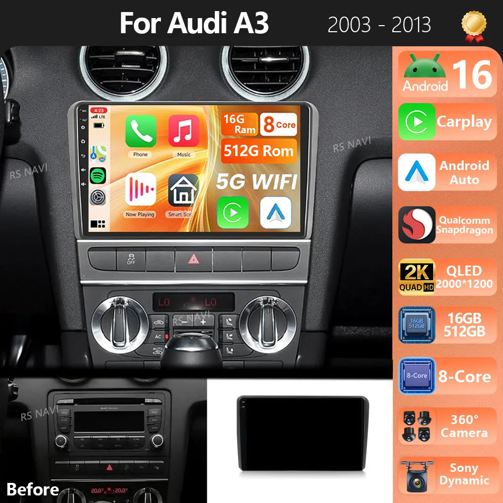 Plug and Play Android 16 Carplay Auto GPS Navigation Radio Multimedia Player For Audi A3 8