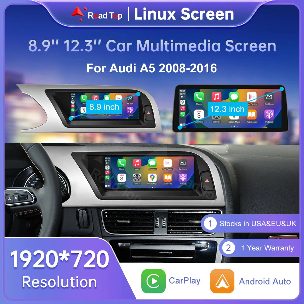 Road Top Linux Screen For Audi A5 2008-2016 Wireless CarPlay Android Auto Airplay Radio Mu