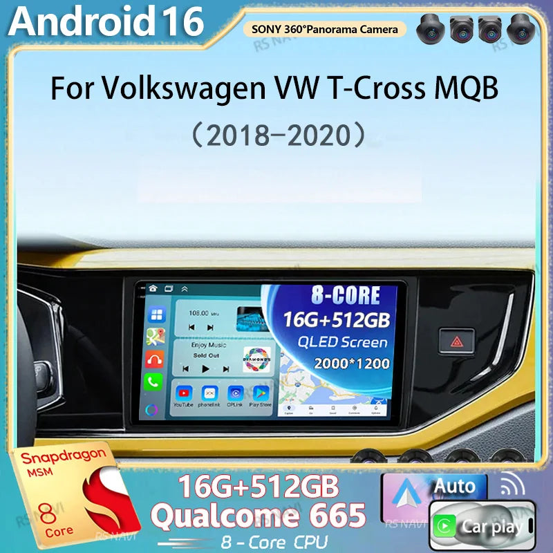 Android 16 Carplay Auto Car Radio For Volkswagen VW T-Cross MQB 2018 2019 2020 GPS Multime