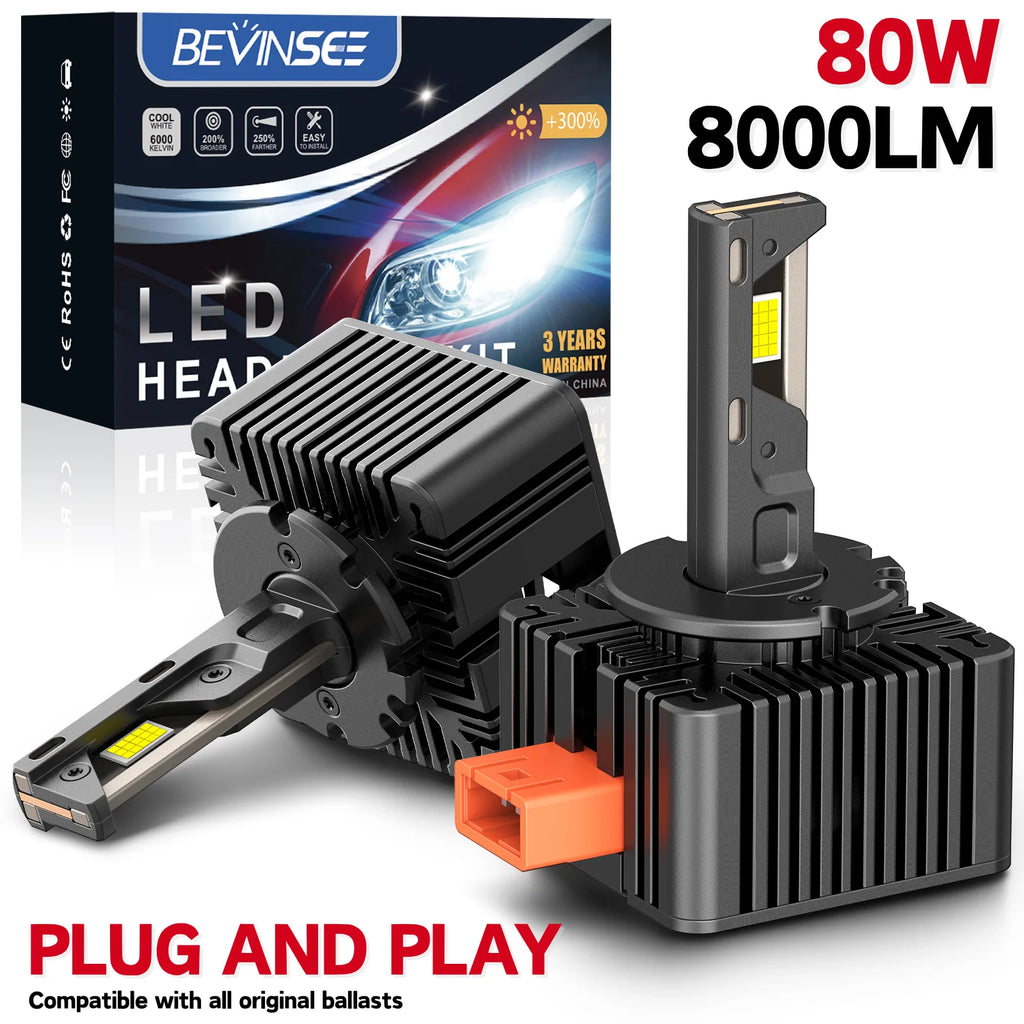 BEVINSEE D2S D1S D3S LED CANBUS for Ballast D2R D1R D3R LED Lights 80W 8000LM 6000K Plug&P