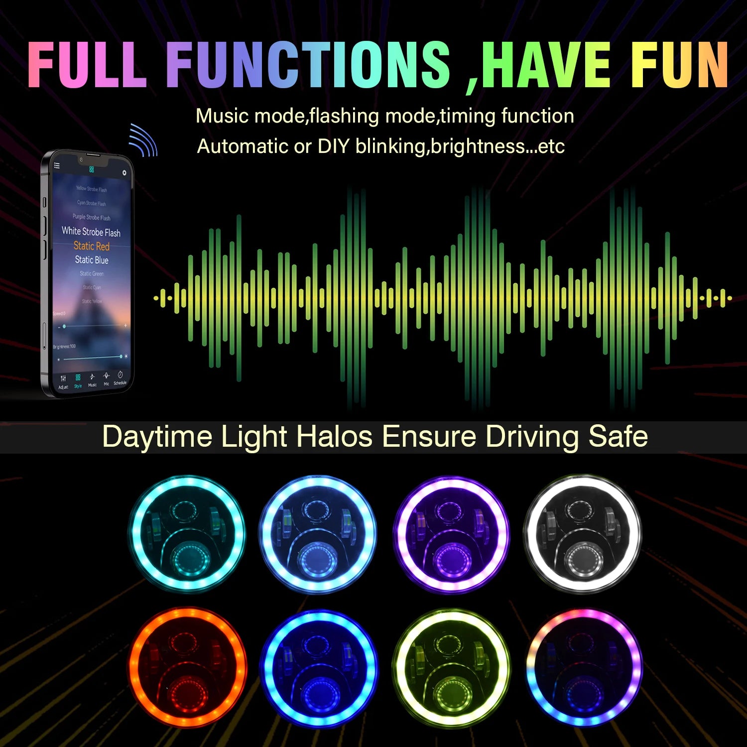 7Inch Round APP Control Car LED Headlights RGB Halo Ring Angel Eyes Off Road H13 H4 LED La