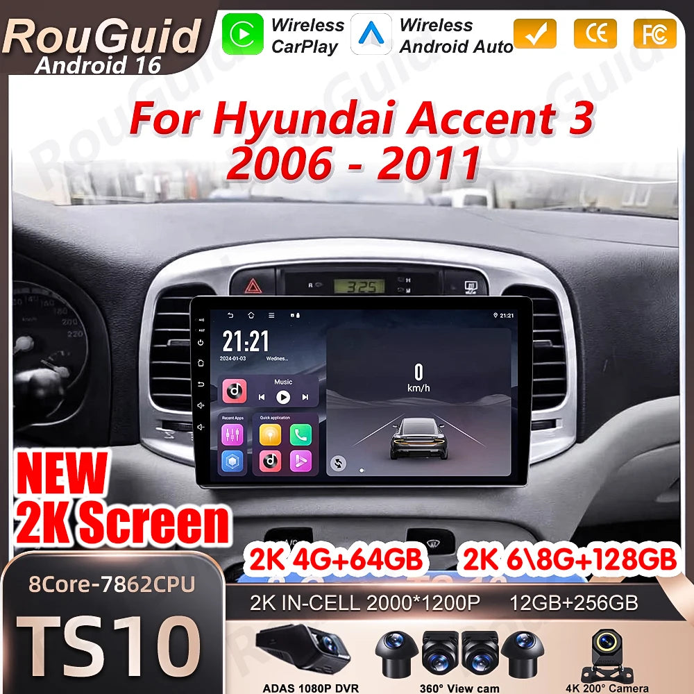 Carplay Android 16 For Hyundai Accent 3 2006 2007 2008 - 2011 Multimedia Player Bluetooth  | AUTOKITSHOP