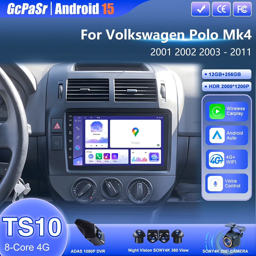Car Radio Android 15 Carplay Auto WIFI+4G For Polo Mk4 2001 2002 2003 2004- 2011 GPS Stere