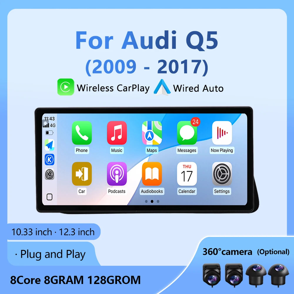 Android 16 Auto 12.3inch Wireless CarPlay For Audi Q5 2009 -2017 Car Video Player Multimed