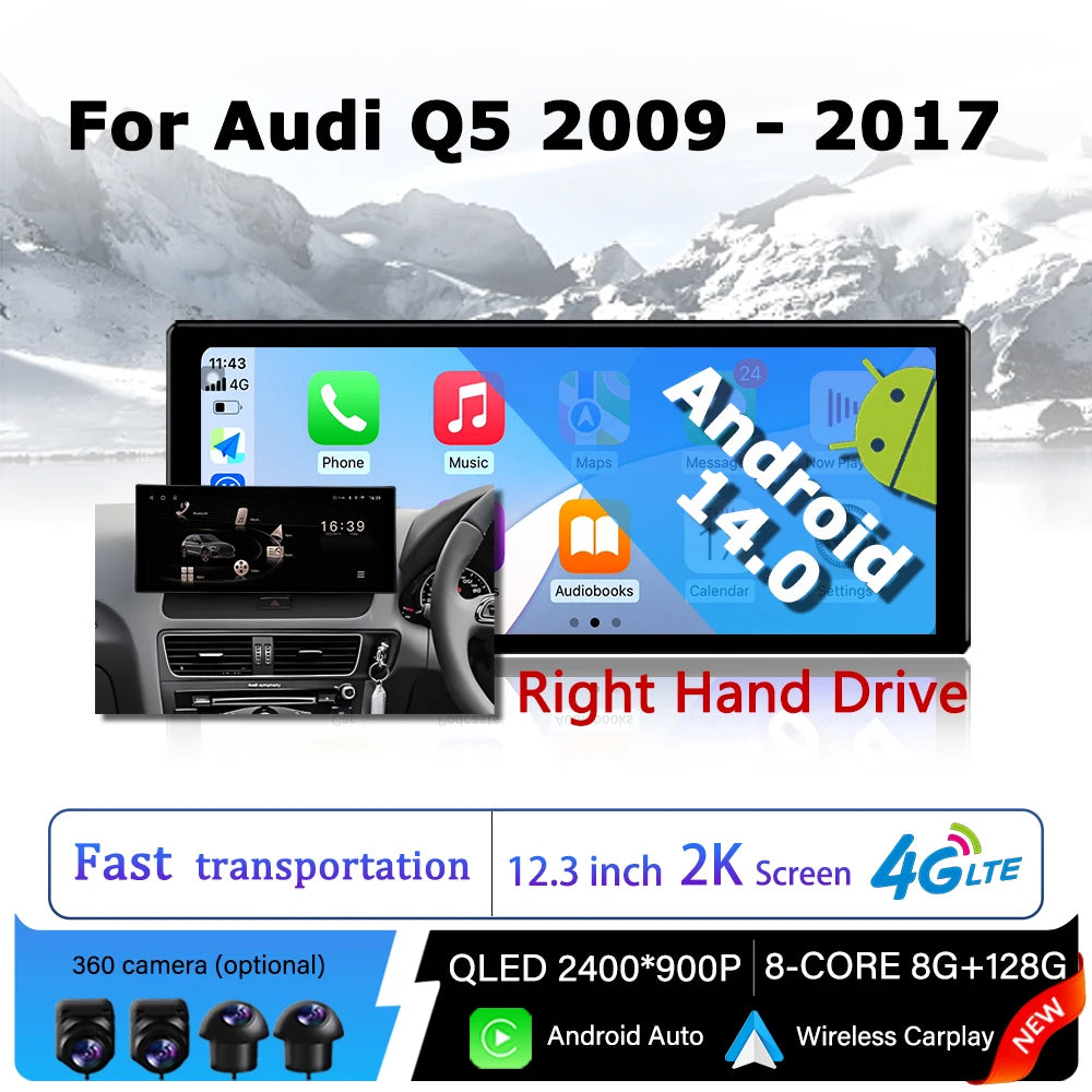 Carplay Android 14 Right Hand Drive for Audi Q5 2009 - 2017 QLED 2400*900P Multimedia GPS