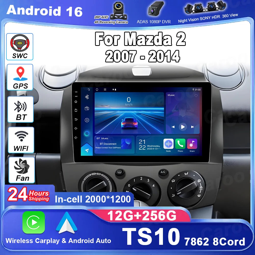 Android 16 Car Radio For Mazda 2 2007-2014 Auto Stereo Multimidia Player GPS Navigation 4G