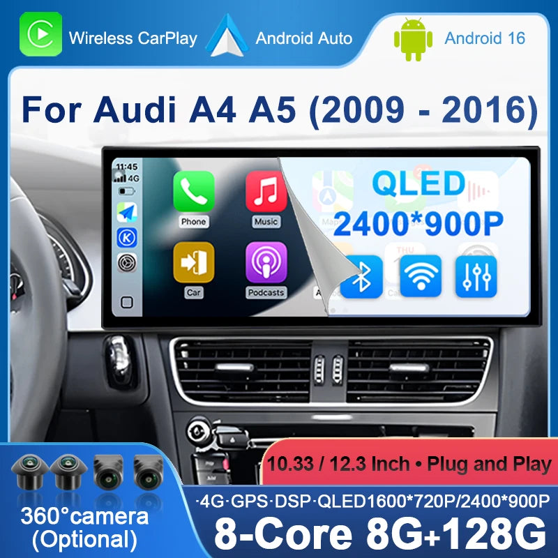 Car Radio Wireless CarPlay Android 16 Auto for Audi A4 b8 A5 2009-2016 with AirPlay Mirror