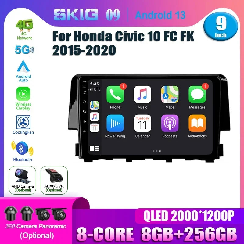Android 14 For Honda Civic 10 FC FK 2015-2020 Wireless Carplay Stereo Car Radio Multimedia