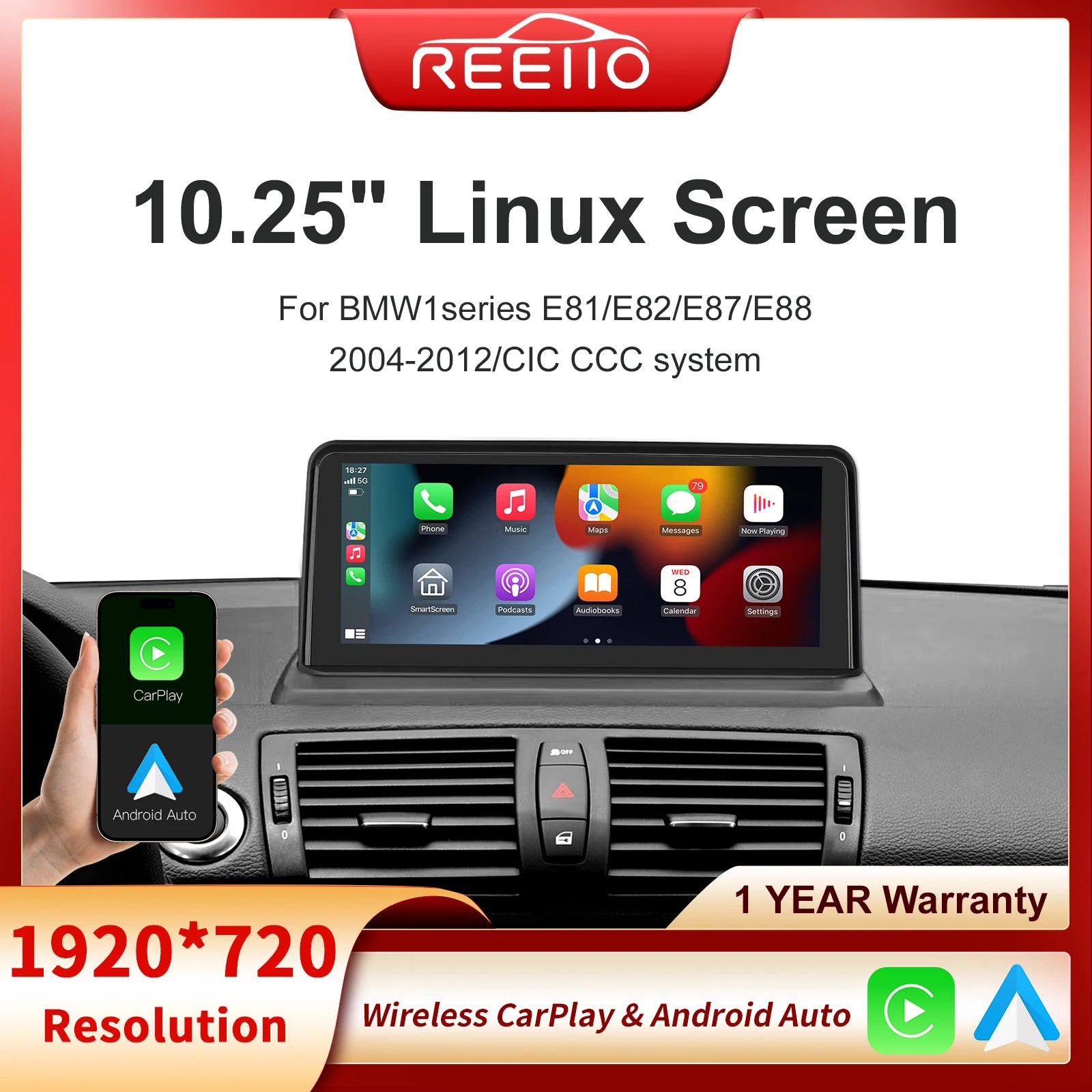 Wireless Carplay Android auto multimedia touch Linux screen For BMW1series E81/E82/E87/E88