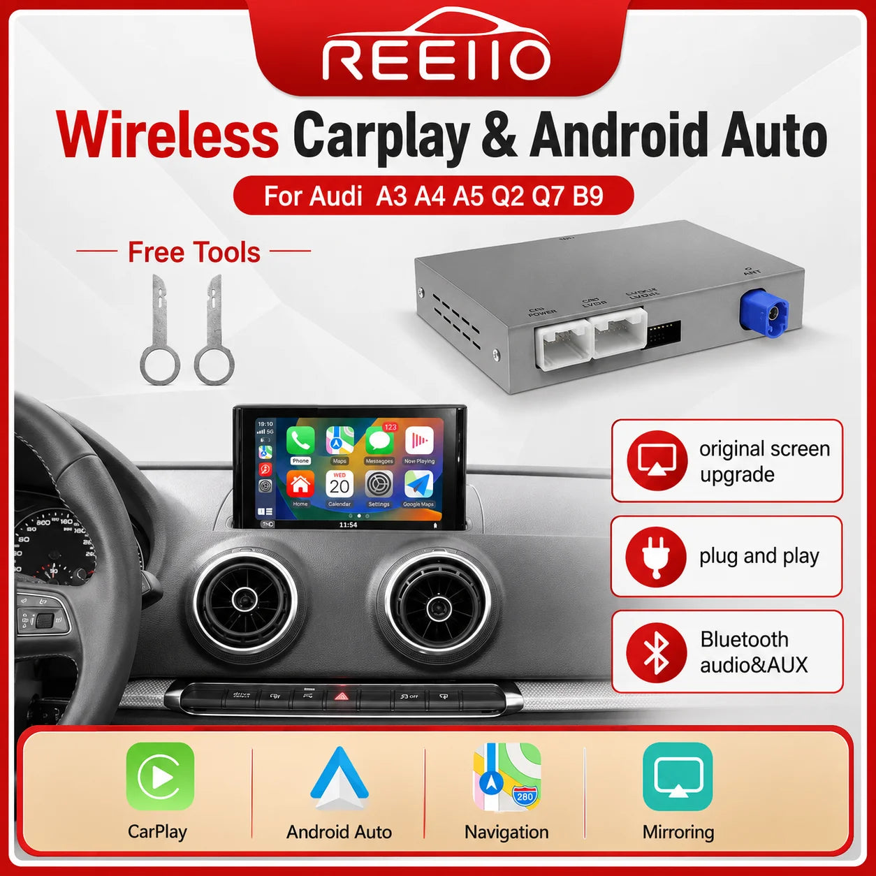 REEIIO 2026 New Wireless CarPlay Android Auto Module For Audi A3 8v Q2 8P 2013-2018 GPS Bl