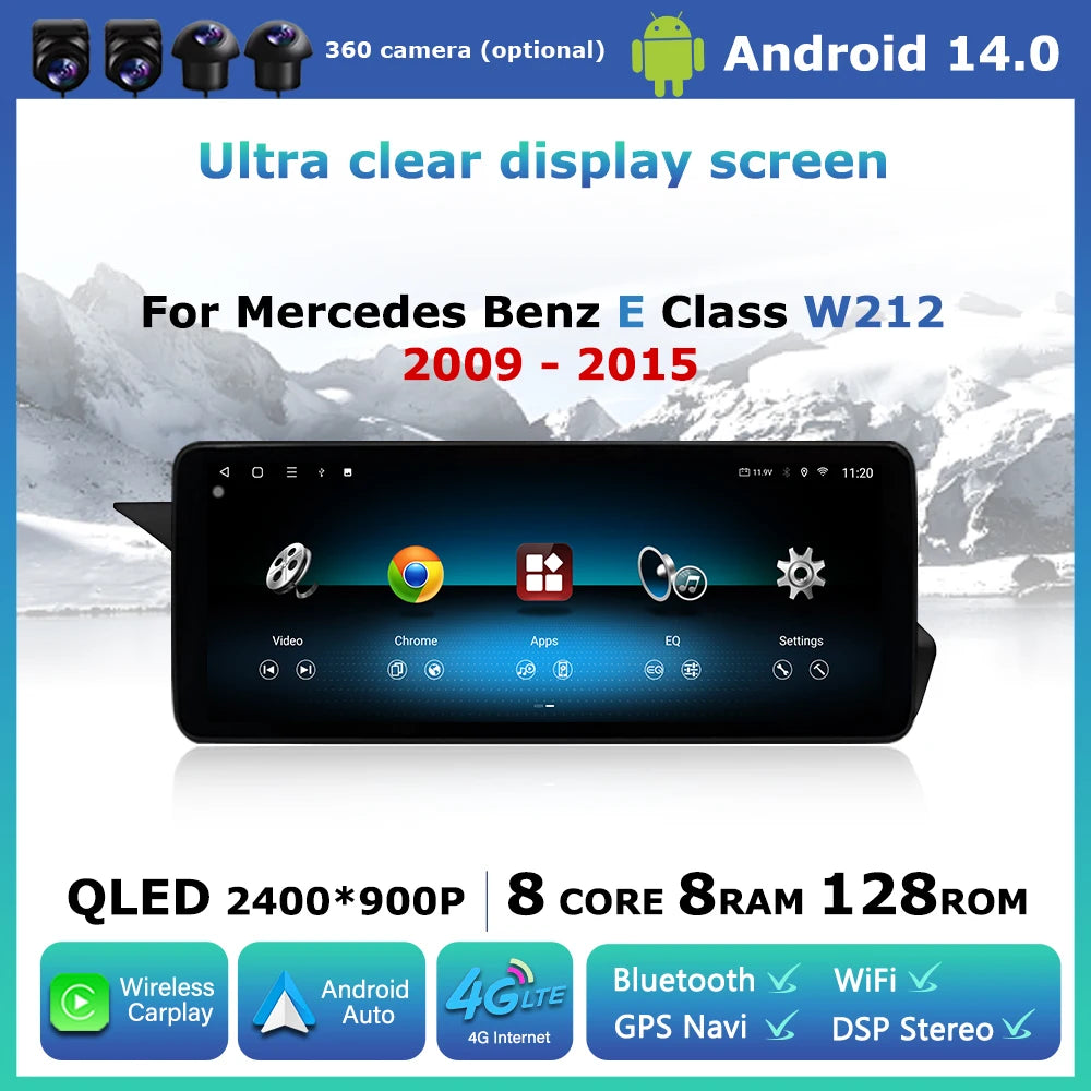 Android 14 Car Radio Multimedia QLED Display for Mercedes Benz E Class W212 2009-2015 Wire