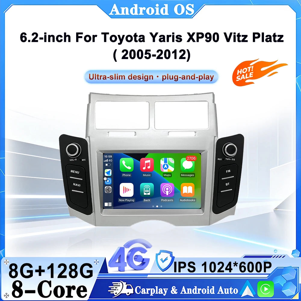 Android 16 6.2inch For Toyota Yaris XP90 Vitz Platz 2005-2012 Radio Carplay Car Multimedia