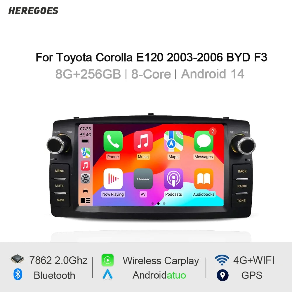 12.3" Car Radio GPS Android 14 8G 256GB Navigation Stereo Bluetooth Carplay Multimedia Player for Toyota Corolla E120 20