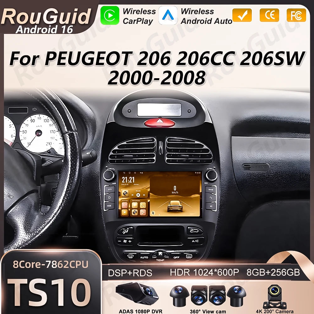 Android Auto Car Radio For Peugeot 206 206CC 206SW 2000- 2005 2006 2007 2008 Carplay Multi | AUTOKITSHOP
