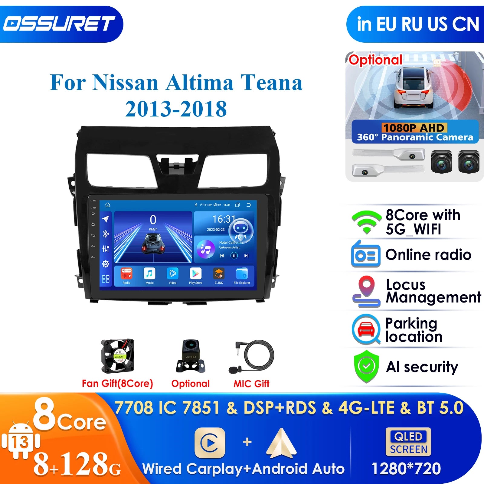 12.3" Car Radio GPS Android 14 2Din Multimedia Video Player for Nissan Altima Teana 2013-2015 - 2 Din Stereo with Naviga