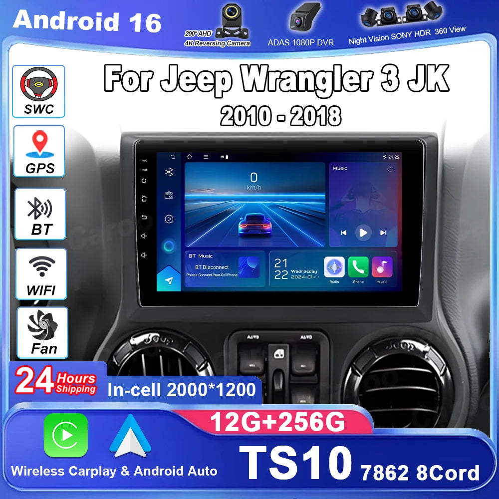 Car Android 16 Radio Stereo For Jeep Wrangler 3 JK 2010-2018 Auto Multimedia Player GPS Na