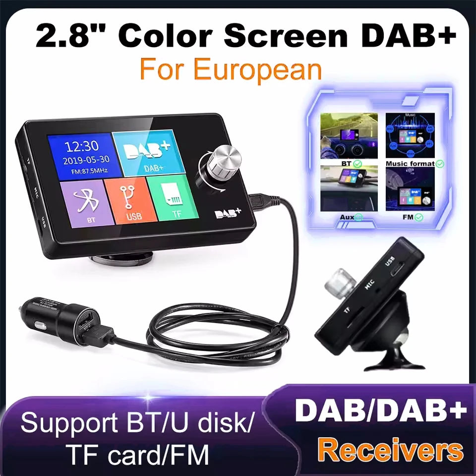 DAB Antenna Radio 2.8 Inch Screen Digital Signal Broadcast Adapter FM Transmitter BT SD TF | AUTOKITSHOP