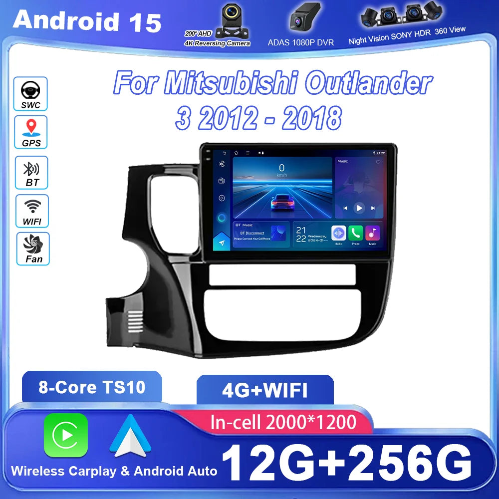 Android 15 Car DVD Carplay QLED Screen For Mitsubishi Outlander 3 2012 -2018 Auto Radio St