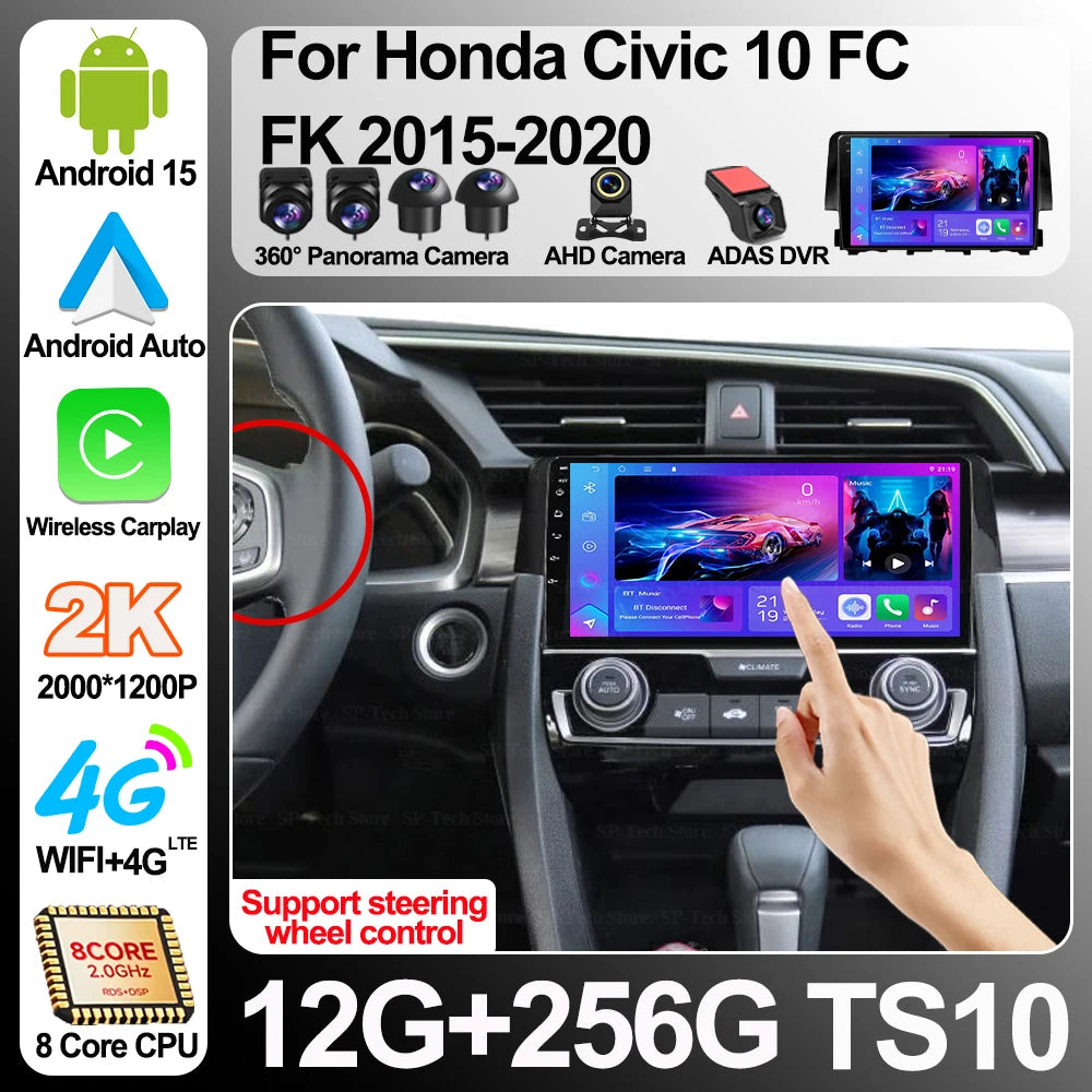 Android 16 For Honda Civic 10 Fc Fk 2015-2020 Carplay Auto Car Radio Multimedia Player Aud | AUTOKITSHOP