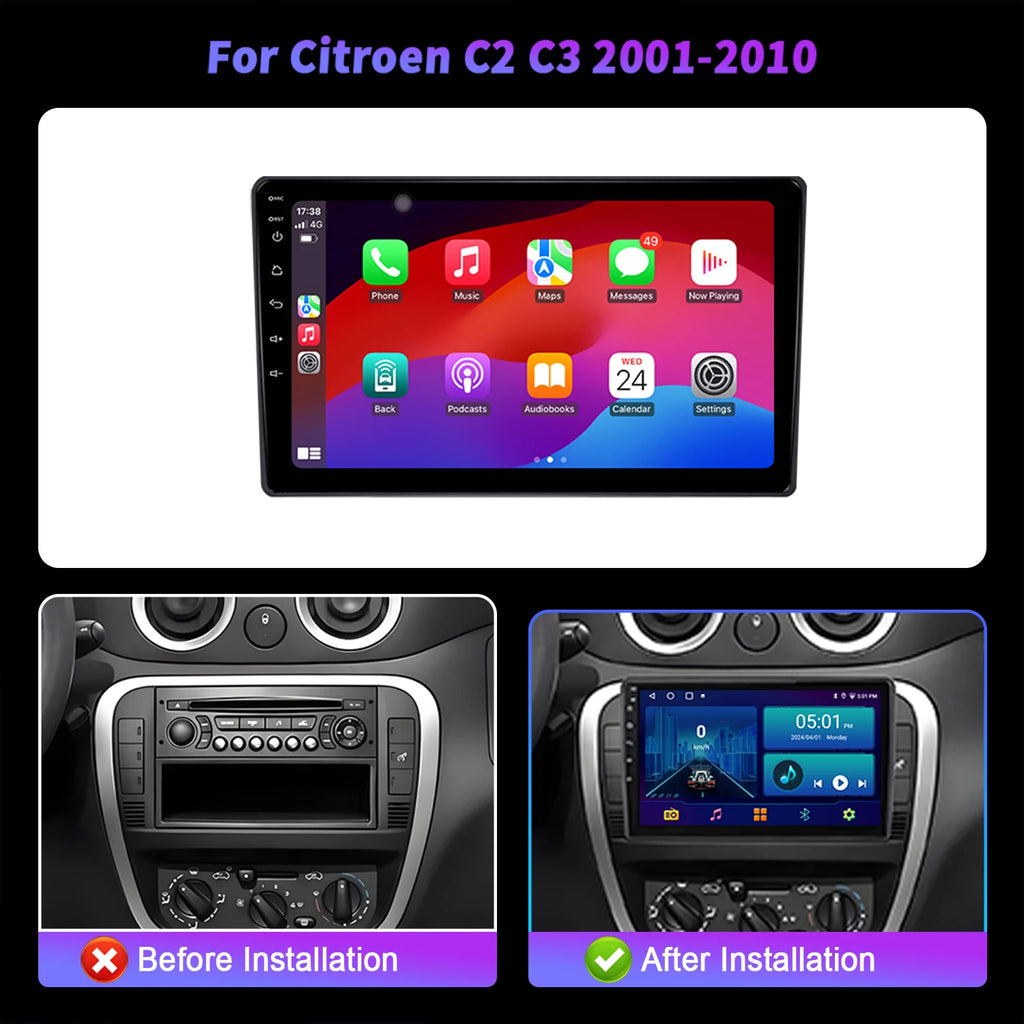 For Citroen C2 C3 2001-2010 Android 14 Navigation GPS Radio 2 Din Wireless BT Carplay Mult