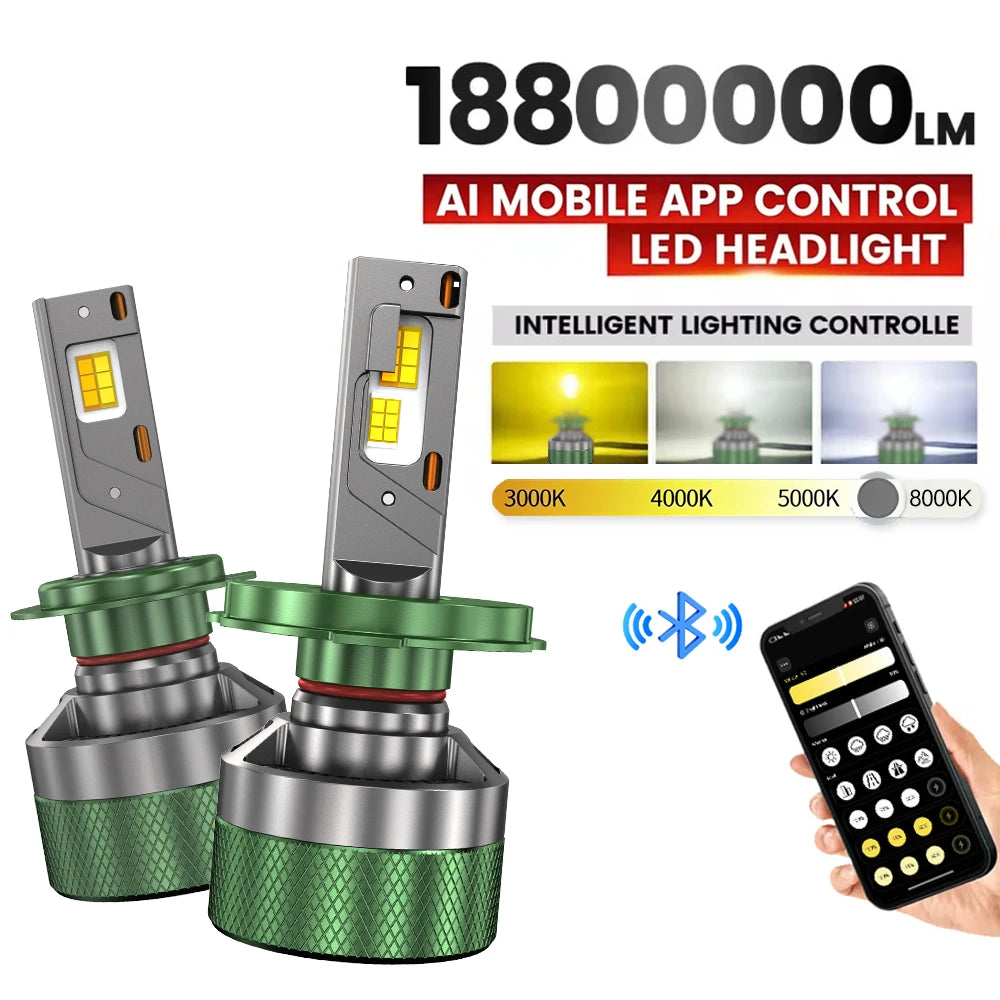 18800000LM H7 LED Headlight Bluetooth APP Control Color 3000K-8000K Smart LED Chip High Po